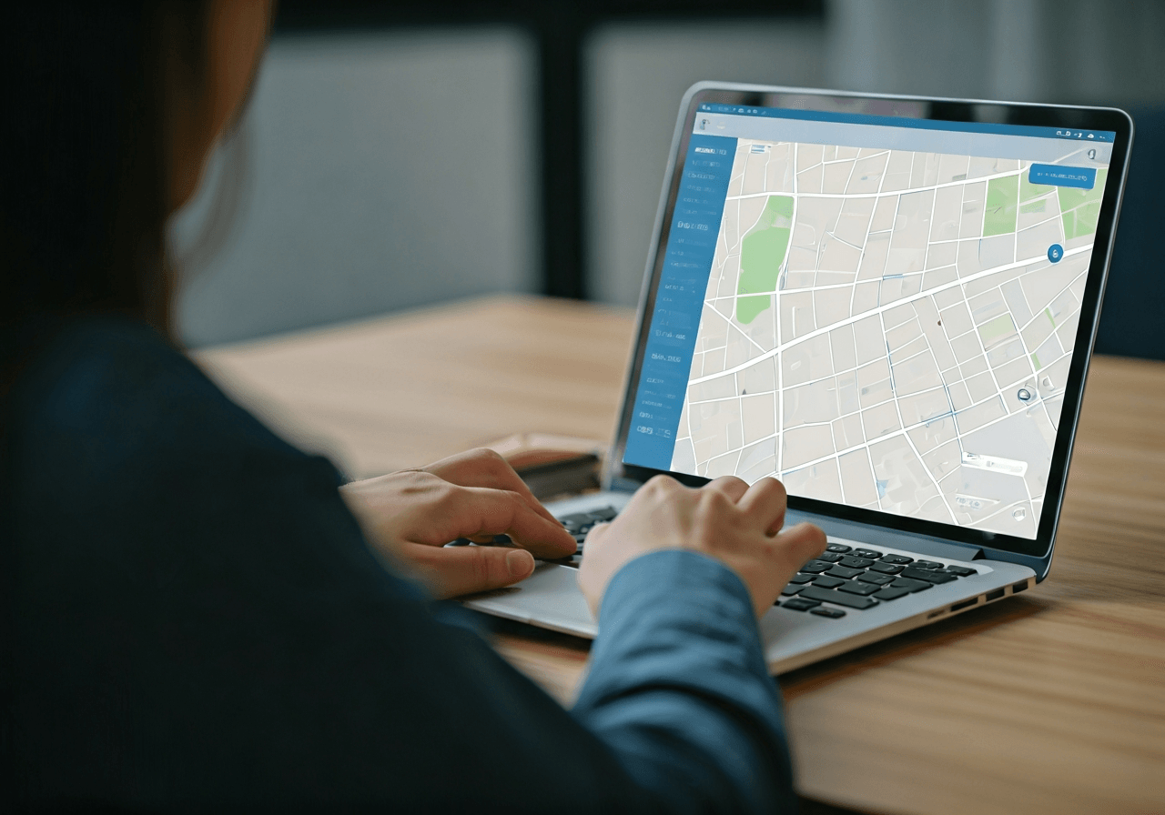 A close-up, high-quality editorial shot of a person's hands using a laptop to search for street addresses on a digital map, clean desk environment, soft natural sunlight, professional aesthetic, 85mm lens, no text, no letters