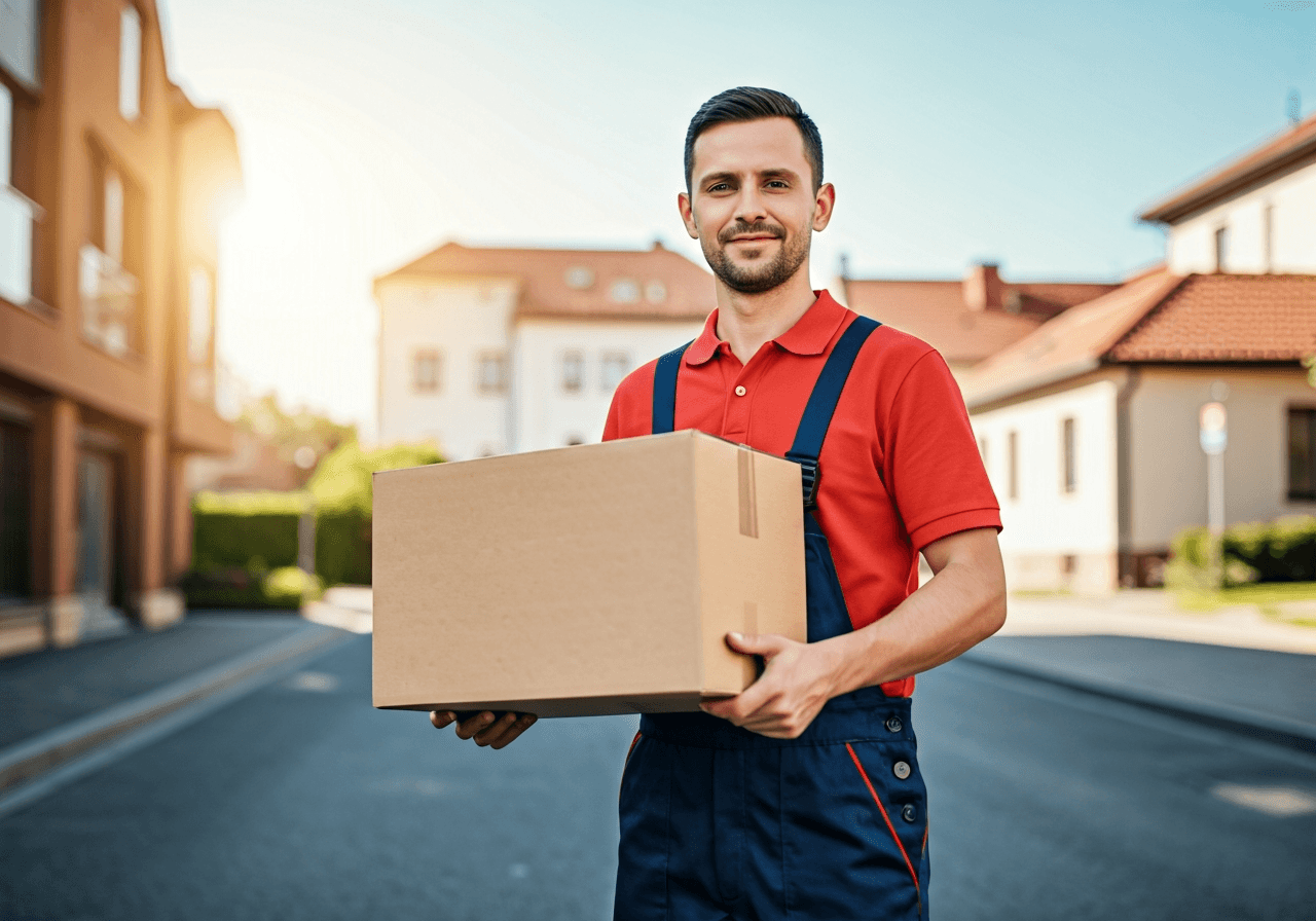 A professional logistics delivery driver holding a package in a modern, sunlit residential street in Tabor, Czech Republic, clean editorial style, soft natural light, 85mm lens, high resolution, no text, no letters