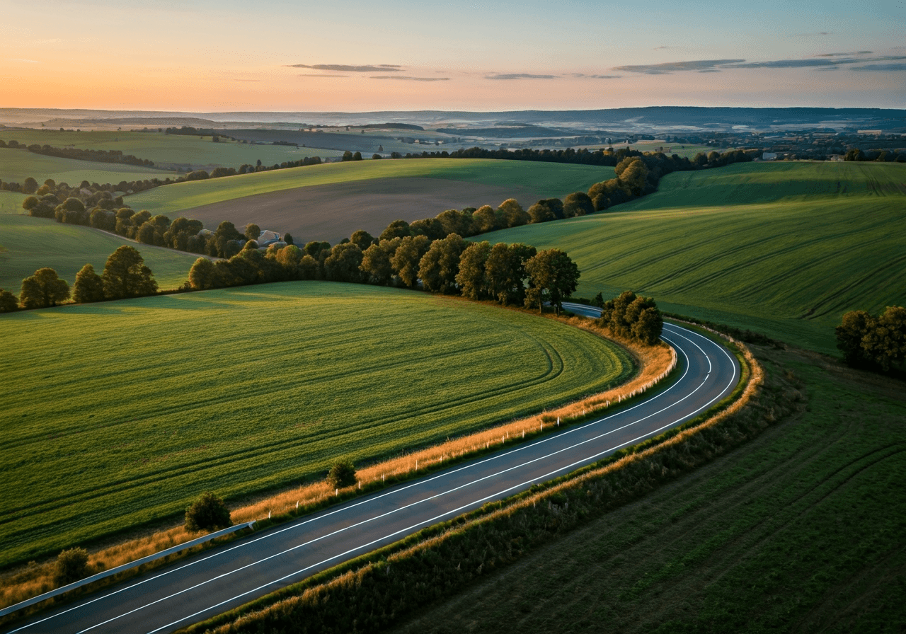 Aerial view of the South Bohemian landscape near Tabor, a winding road connecting small rural villages, editorial photography, soft morning natural light, 85mm lens, high resolution, no text, no letters.