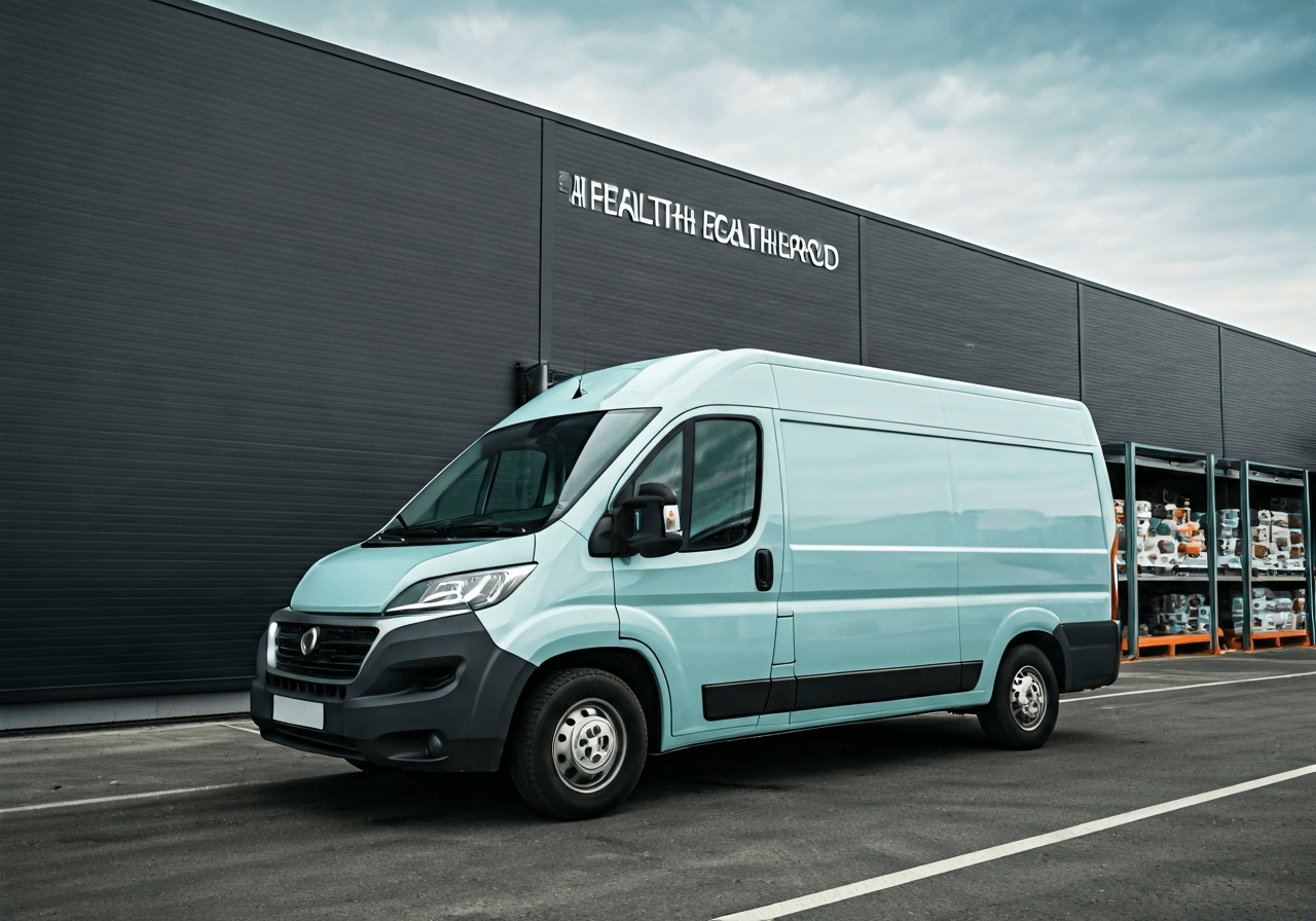 DPD na ruční práce: Vyplatí se? (Pravda pro 2026) 2 A professional logistics delivery van parked in front of a clean, modern health food warehouse, high-end editorial photography, bright natural morning light, cinematic depth of field, 85mm lens, no text, no words, no letters