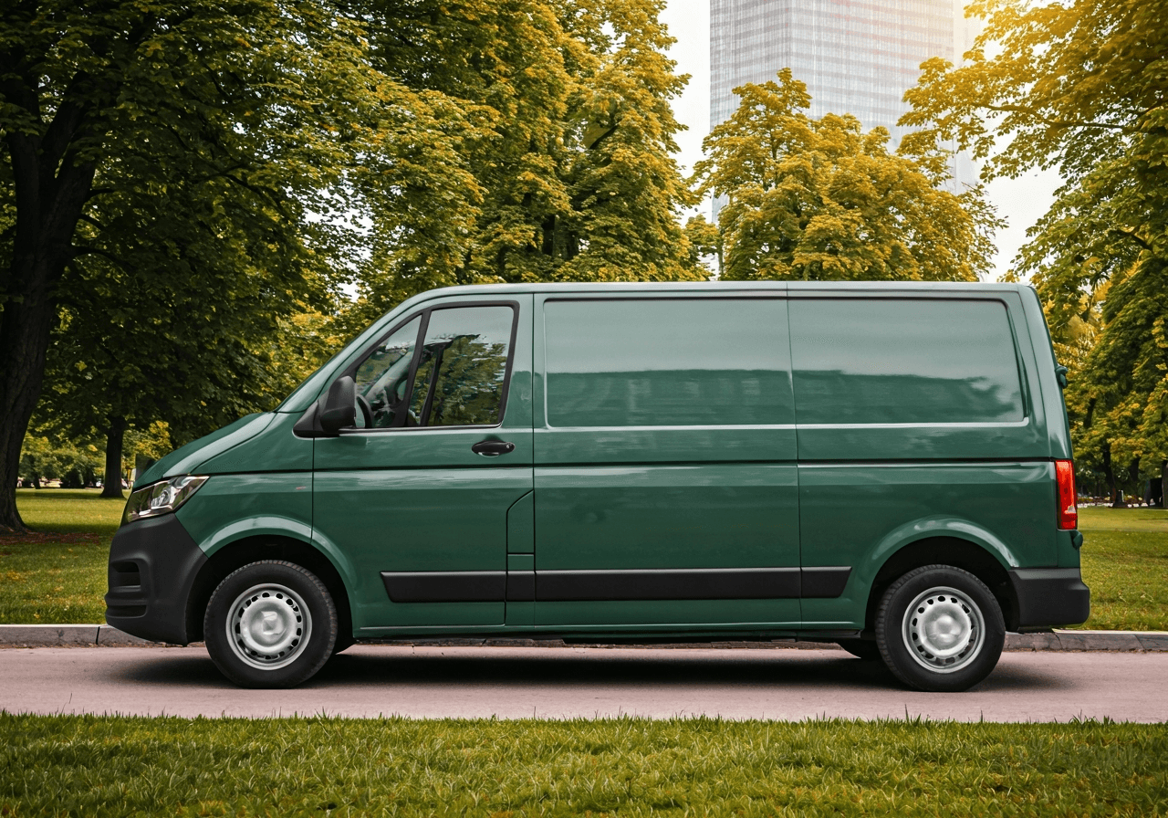 DPD na ruční práce: Vyplatí se? (Pravda pro 2026) 3 A modern eco-friendly delivery van parked in a lush urban park setting, soft natural light, editorial photography style, focus on sustainability and green logistics, high-end professional composition, 85mm lens, no text, no letters