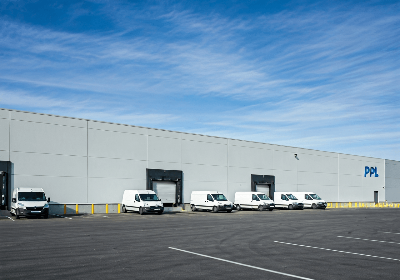 Modern logistics warehouse facility exterior during daytime, clean industrial architecture of PPL distribution center, sleek delivery vans parked neatly, professional editorial photography, soft natural lighting, 85mm lens, high resolution, no text, no words, no letters