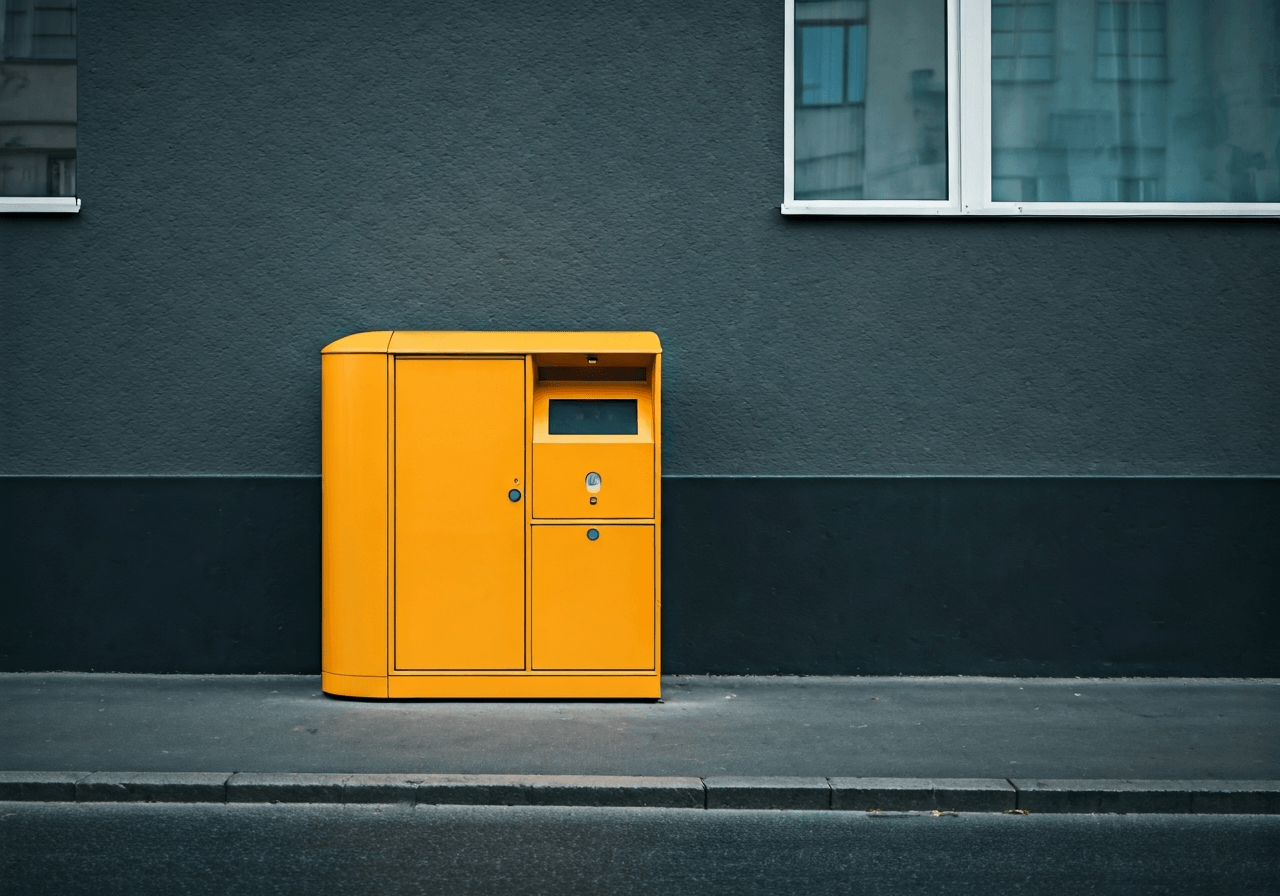 Modern PPL Parcelbox station located on a clean city street in Brno, editorial photography, soft daylight, 85mm lens, minimalist urban architecture, high resolution, professional logistics setting, no text, no words, no letters