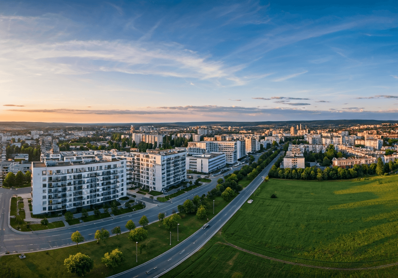 Aerial view of Bánovce nad Bebravou city landscape, modern urban planning, surrounding greenery of Trenčín region, editorial photography, soft natural morning light, 85mm lens, high resolution, no text, no letters