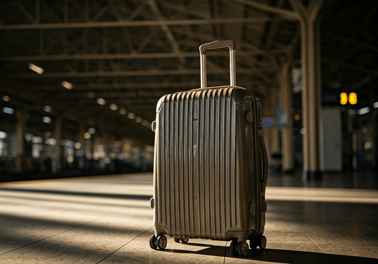 A minimalist, high-end travel suitcase standing in a sunlit, clean train station terminal, editorial style, modern aesthetics, soft natural light, depth of field, 85mm lens, high quality, no text, no words, no letters