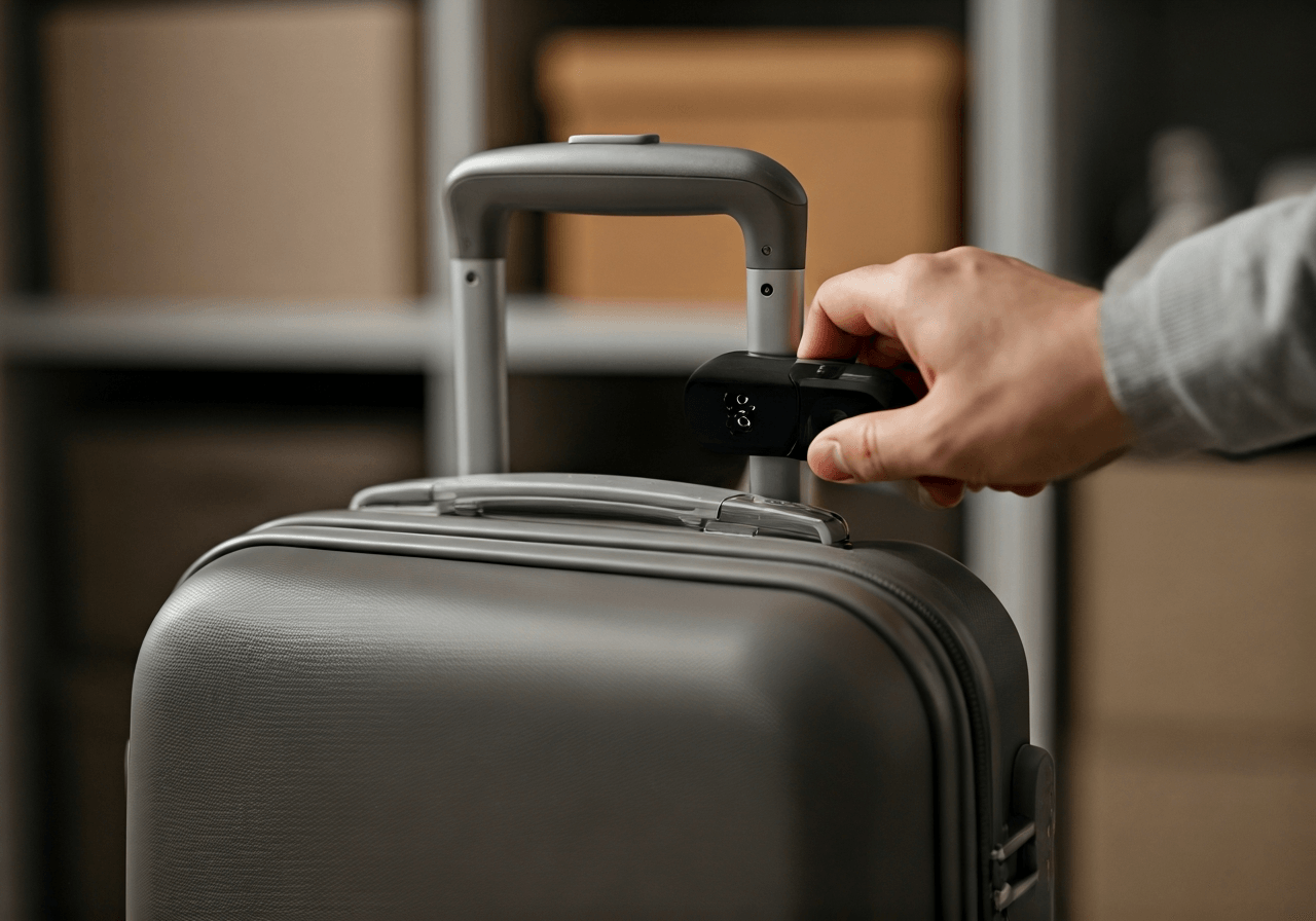 A close-up, high-quality shot of a modern suitcase being secured with a smart digital lock in a clean, minimalist storage environment, soft natural light, depth of field, premium editorial photography, no text, no letters.
