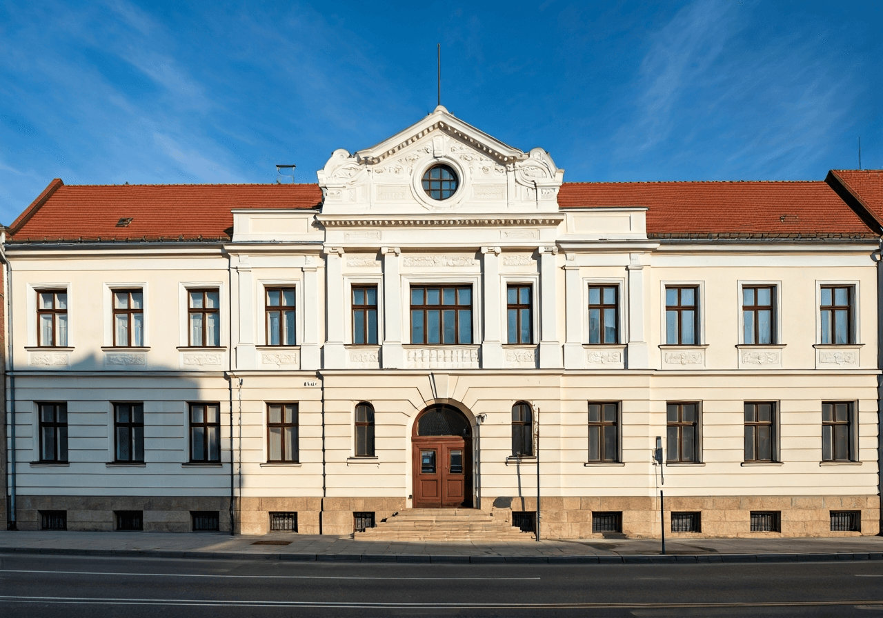 Editorial photography, the exterior facade of a historical post office building in Jaroměřice nad Rokytnou, clean architecture, soft natural light, 85mm lens, high resolution, no text, no words, no letters