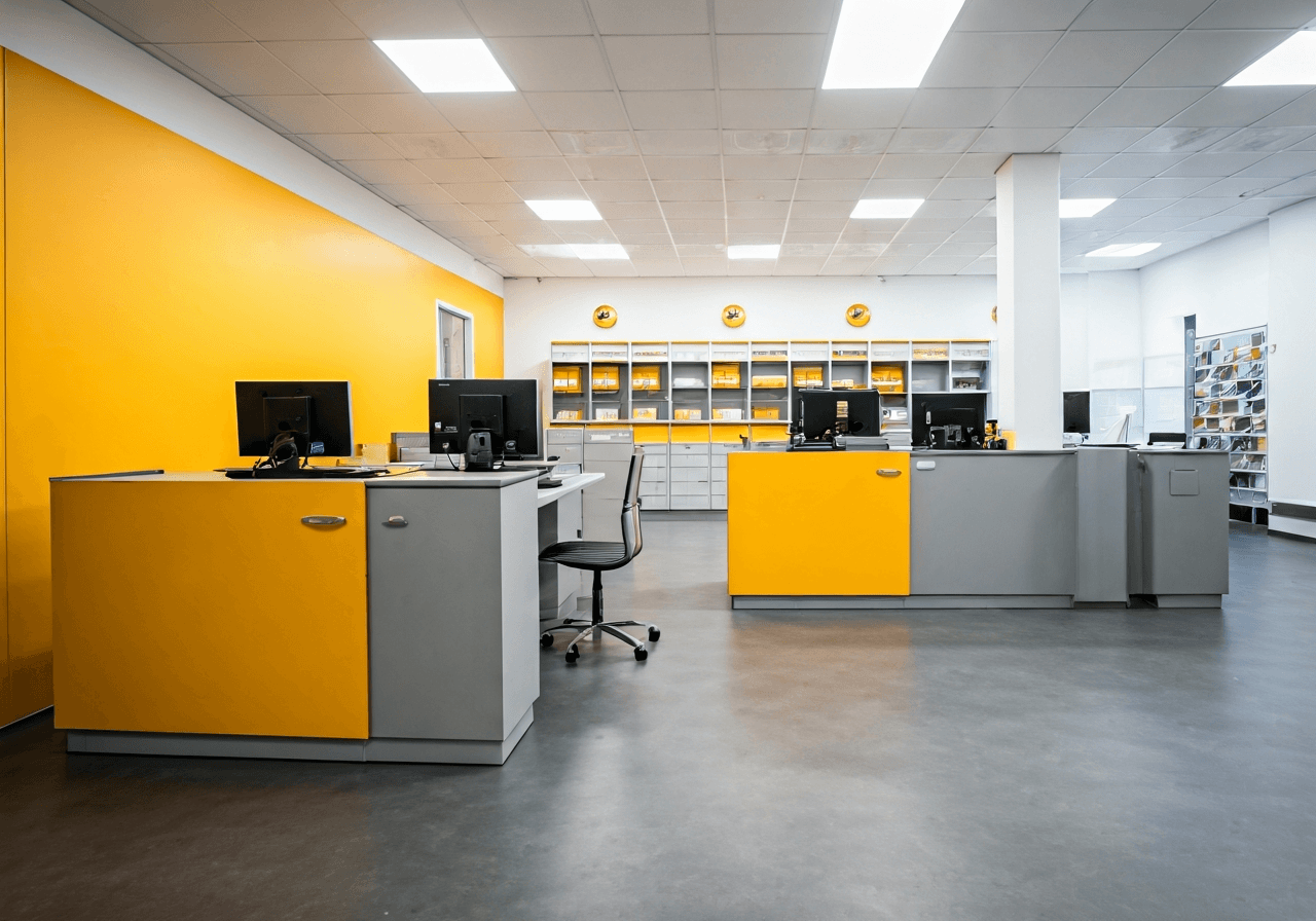 Editorial photography, a professional modern post office interior in the Czech Republic, clean minimalist design, soft natural light, depth of field 85mm lens, high resolution, no text, no letters