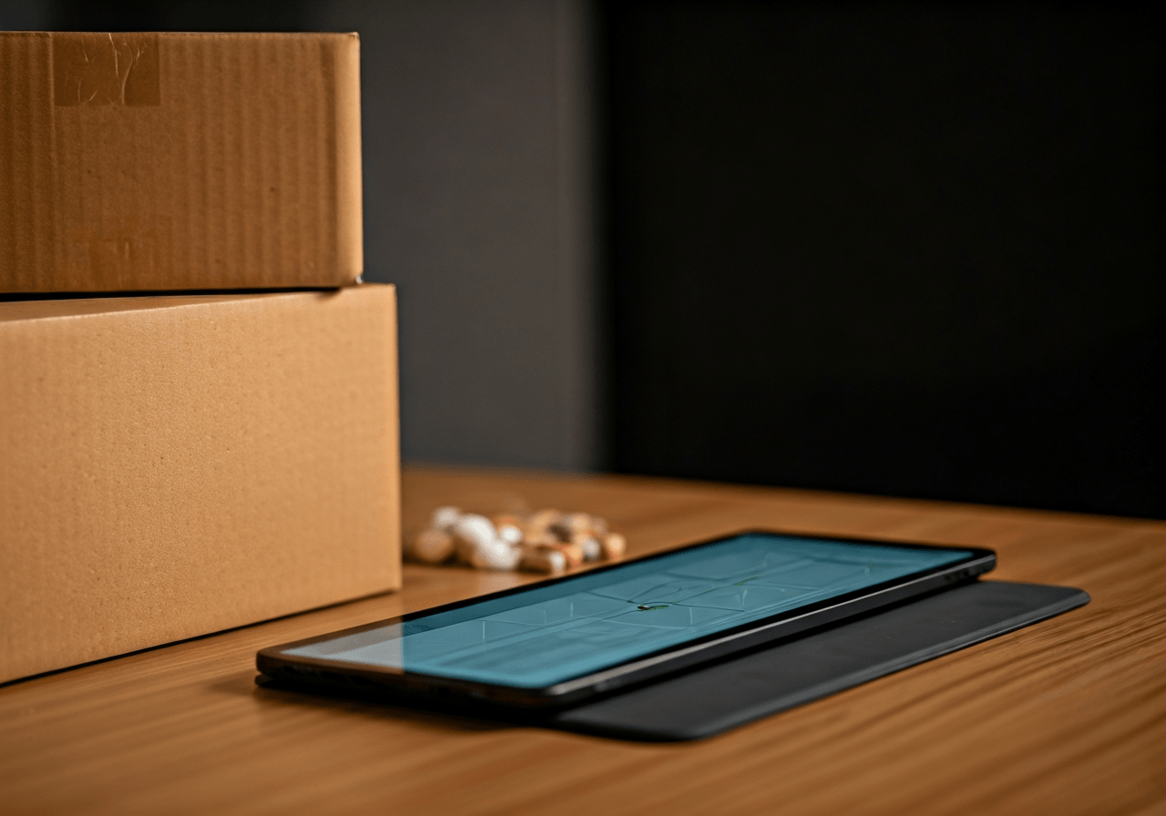 A close-up, high-quality editorial shot of a parcel delivery box on a clean wooden table next to fresh supplements and a digital tablet showing a mapping interface, soft natural lighting, modern minimalist style, 85mm lens, no text, no letters
