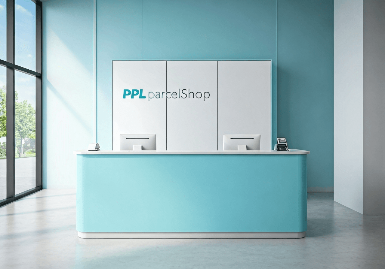 A clean, modern PPL ParcelShop pick-up point counter in a bright, organized interior, professional customer service environment, soft natural light, editorial photography style, 85mm lens, high resolution, no text, no words, no letters.