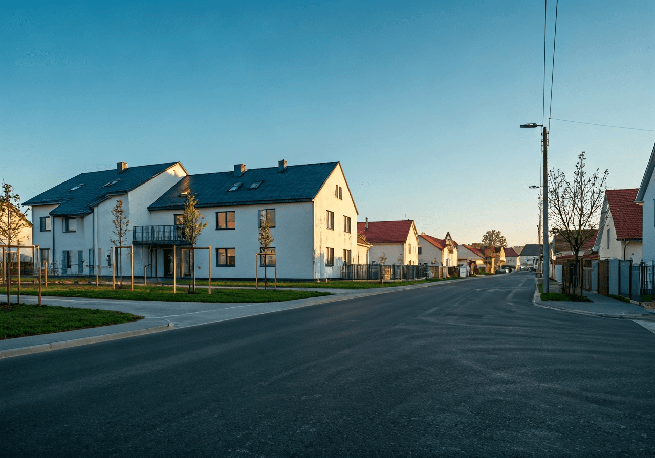 A clean, minimalist architectural shot of a modern residential street in a Czech village, soft morning sunlight, wide angle lens, high resolution, professional editorial style, no text, no words, no letters.