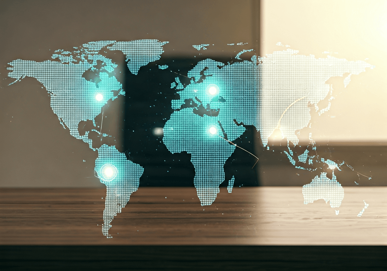 A professional conceptual shot of a stylized digital map overlaying a clean office desk, logistical symbols and abstract postal routing paths, bright modern corporate environment, high-end editorial photography, soft natural light, 85mm lens, sharp focus, no text, no words, no letters.