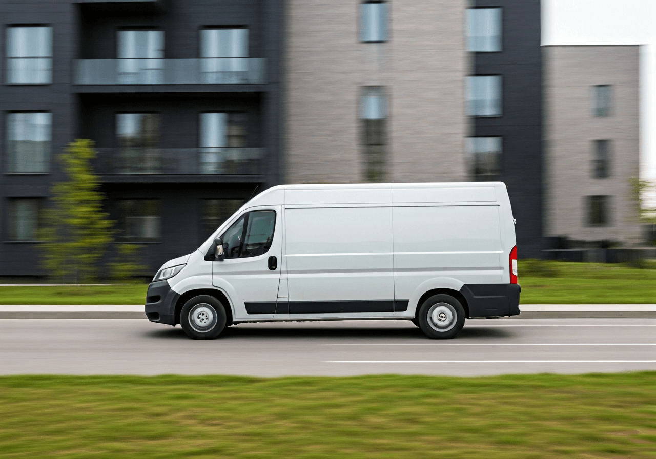 A professional logistics delivery van driving through a modern residential area in Prague-Stodůlky, editorial photography, clean architectural background, soft natural sunlight, 85mm lens, high resolution, no text, no words, no letters