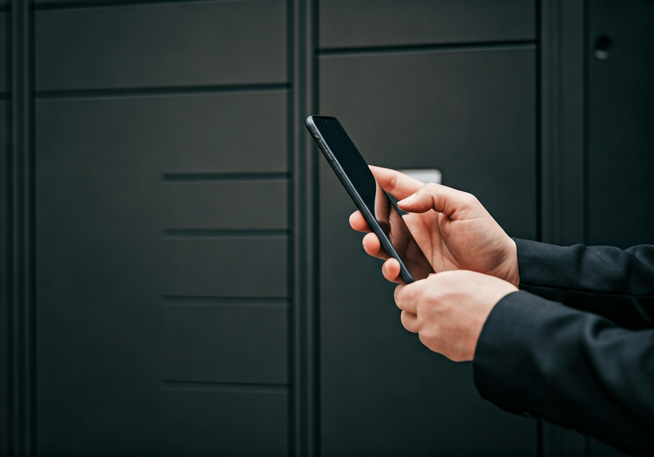 A person holding a smartphone near a modern automated parcel locker, focusing on the seamless digital interaction, clean urban background, editorial photography style, natural soft daylight, 85mm lens, high resolution, no text, no words, no letters.