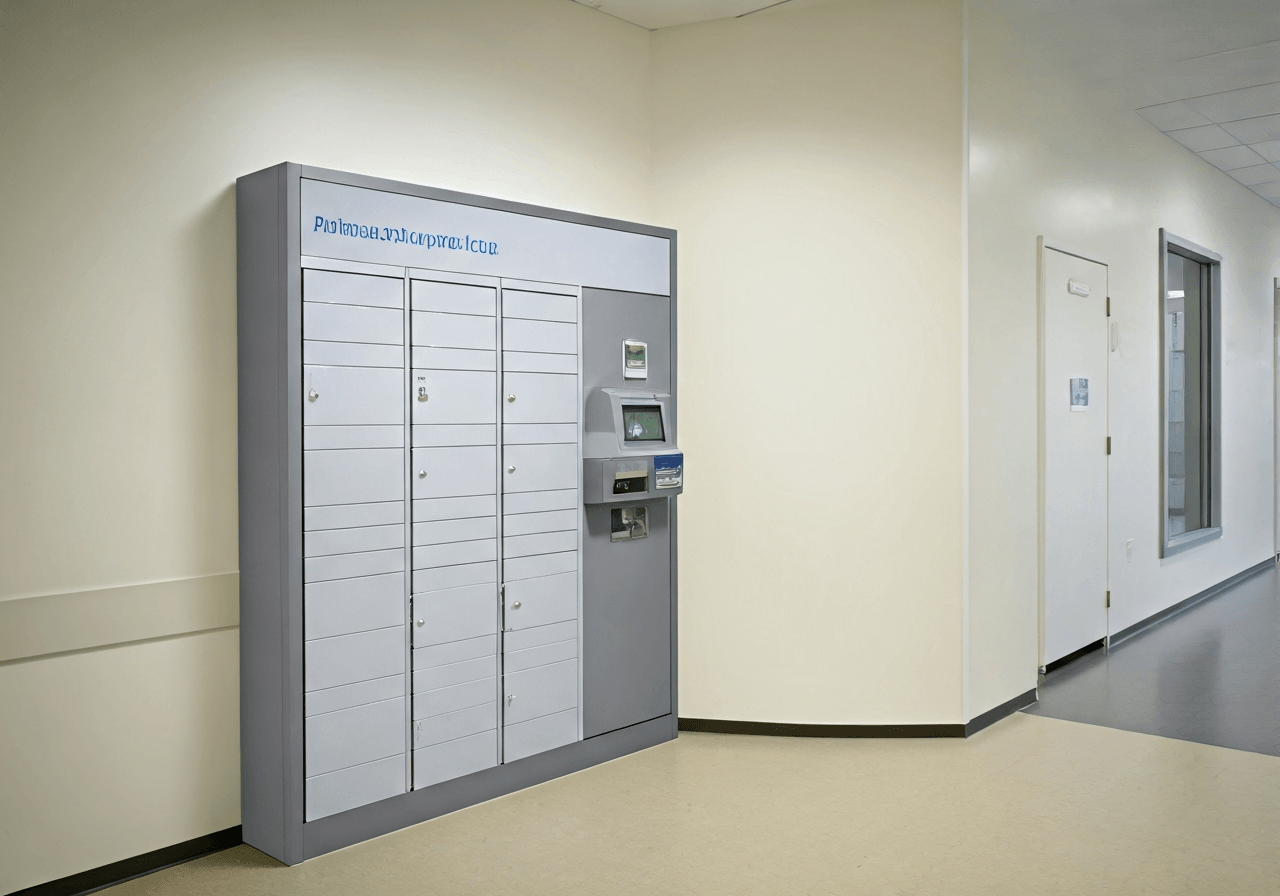 A sleek, modern automated pharmacy pickup locker located in a brightly lit, clean hallway of a medical clinic, professional aesthetic, soft natural light, depth of field, 85mm lens, no text, no words, no letters