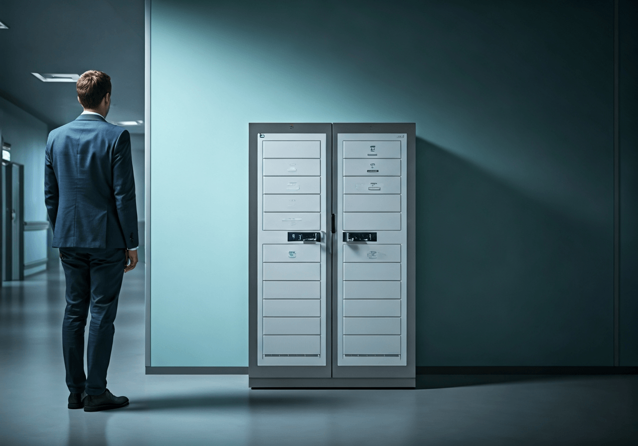 A person standing in front of a sleek, modern automated medication locker, clean hospital hallway background, editorial photography, soft natural light, 85mm lens, depth of field, no text, no words, no letters