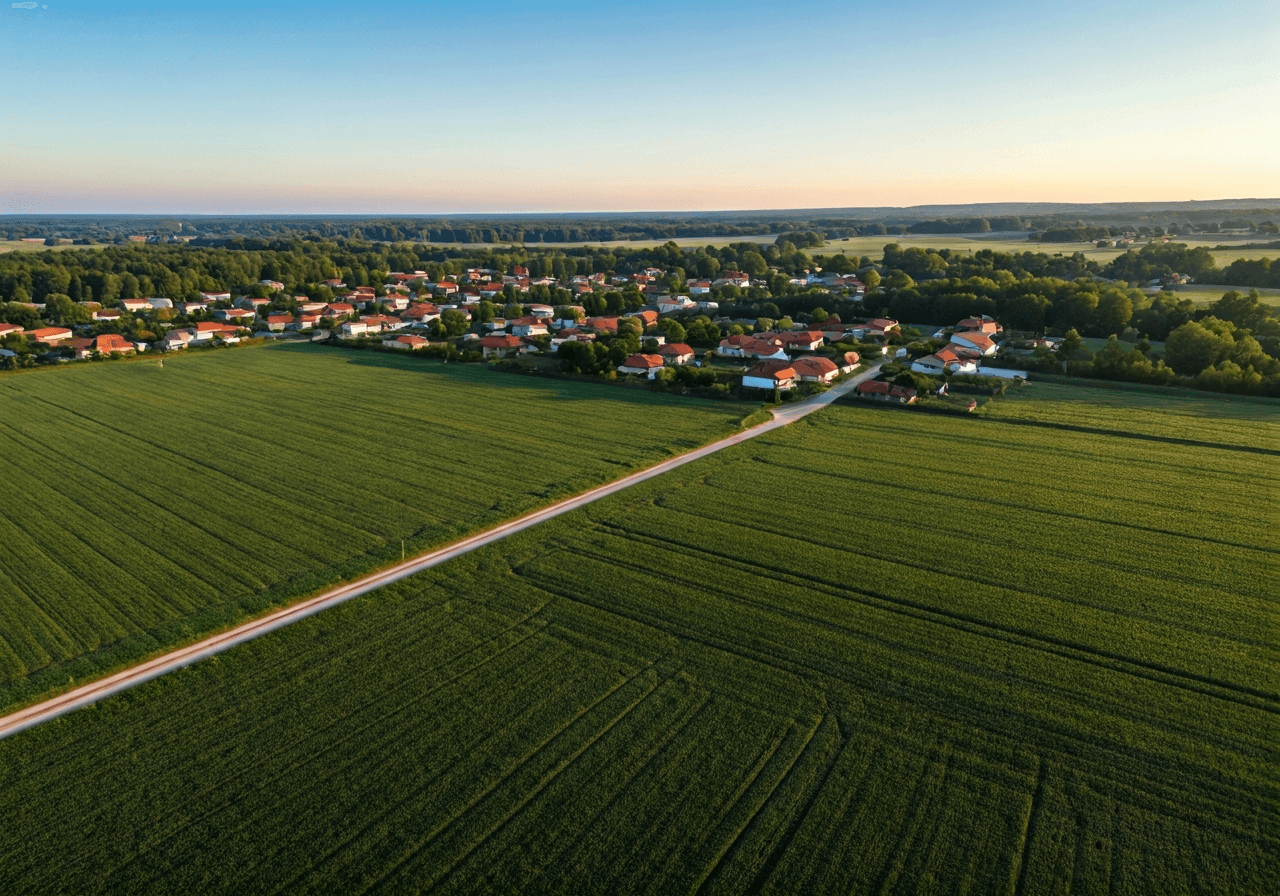 Aerial wide shot of the lush agricultural landscape and rural village of Cabaj-Čápor, soft morning sunlight, cinematic composition, high resolution, 85mm lens, no text, no letters
