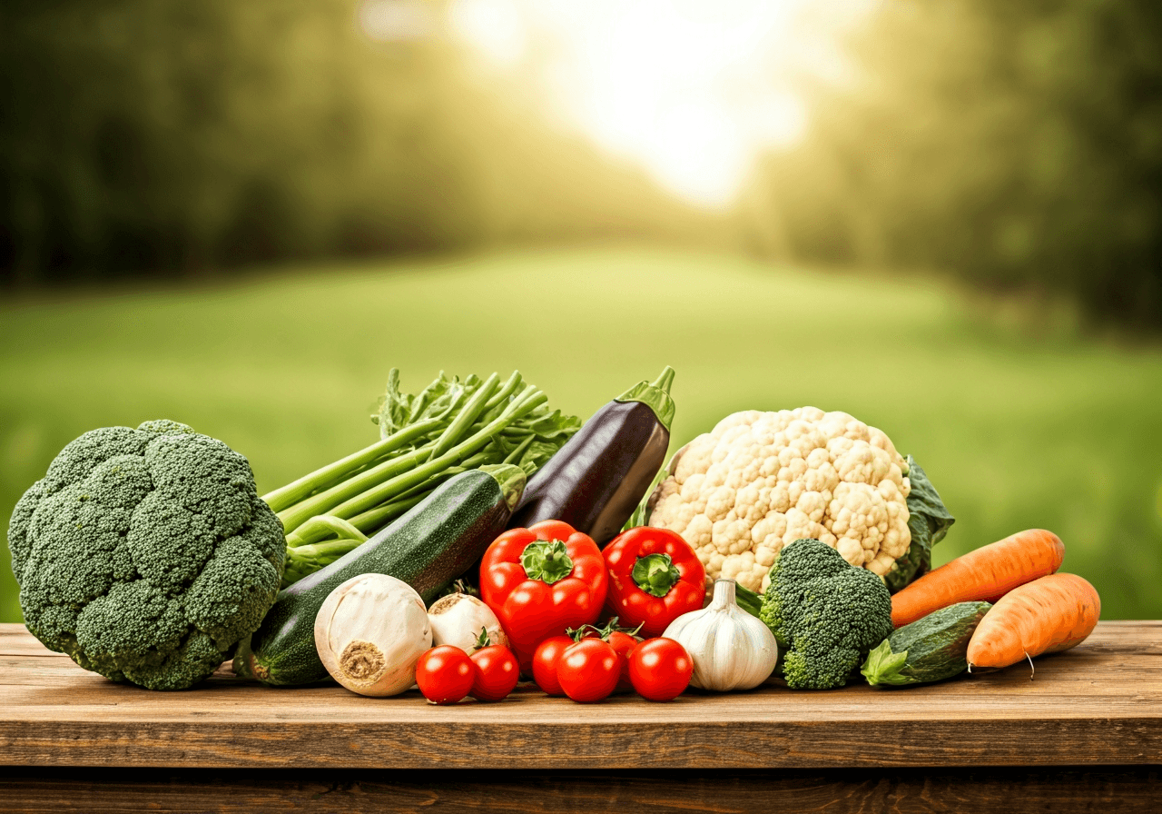 A healthy lifestyle concept in the Slovak countryside near Nitra, a wooden table filled with fresh organic vegetables, seasonal produce, soft natural morning sunlight, blurred green fields in the background, professional editorial photography, 85mm lens, high resolution, clean and premium aesthetic, no text, no words, no letters.