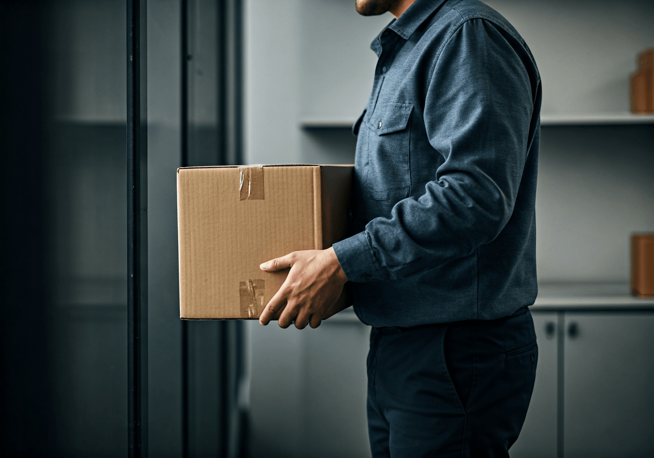 Editorial photography, postal worker carefully handling a package, modern post office interior, soft natural light, 85mm lens, highly detailed, no text, no words, no letters