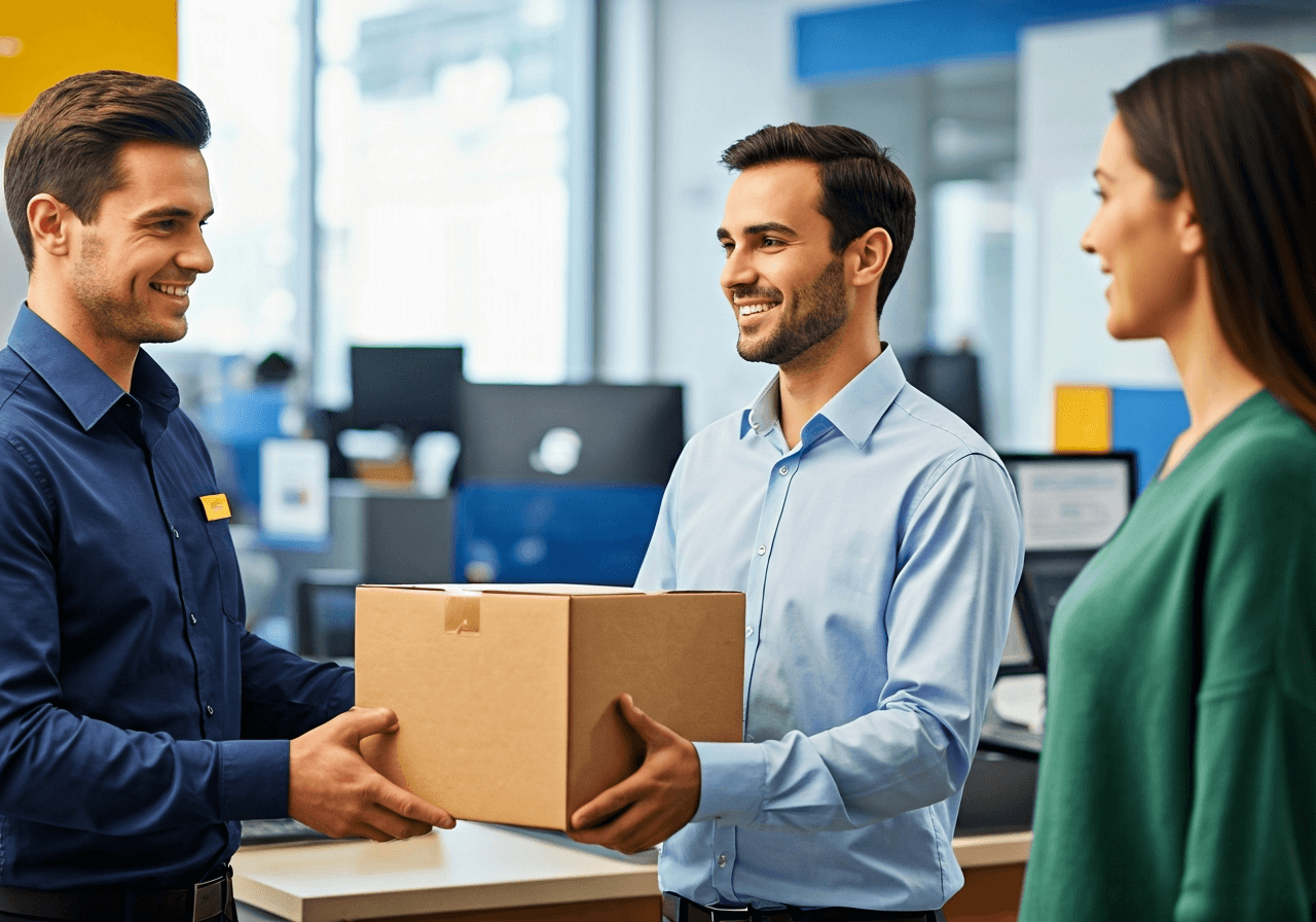 Editorial photography, a friendly post office employee handing a package to a smiling customer in a modern, clean postal service branch, soft natural light, 85mm lens, highly detailed, no text, no letters