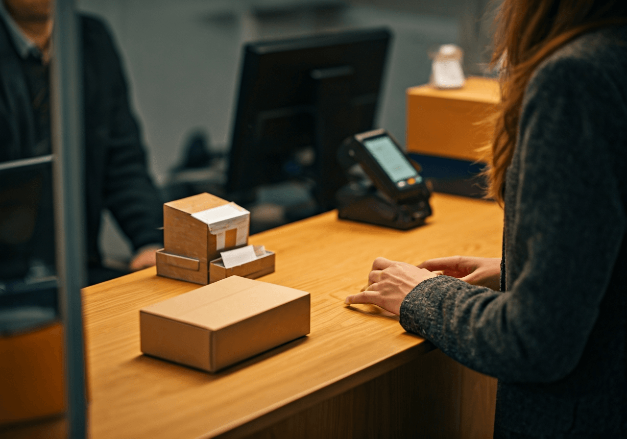 Editorial photography, a person at a modern post office counter interacting with a clerk, showing various postal service options like envelopes, small boxes, and a digital payment terminal, soft natural light, 85mm lens, highly detailed, no text, no words, no letters