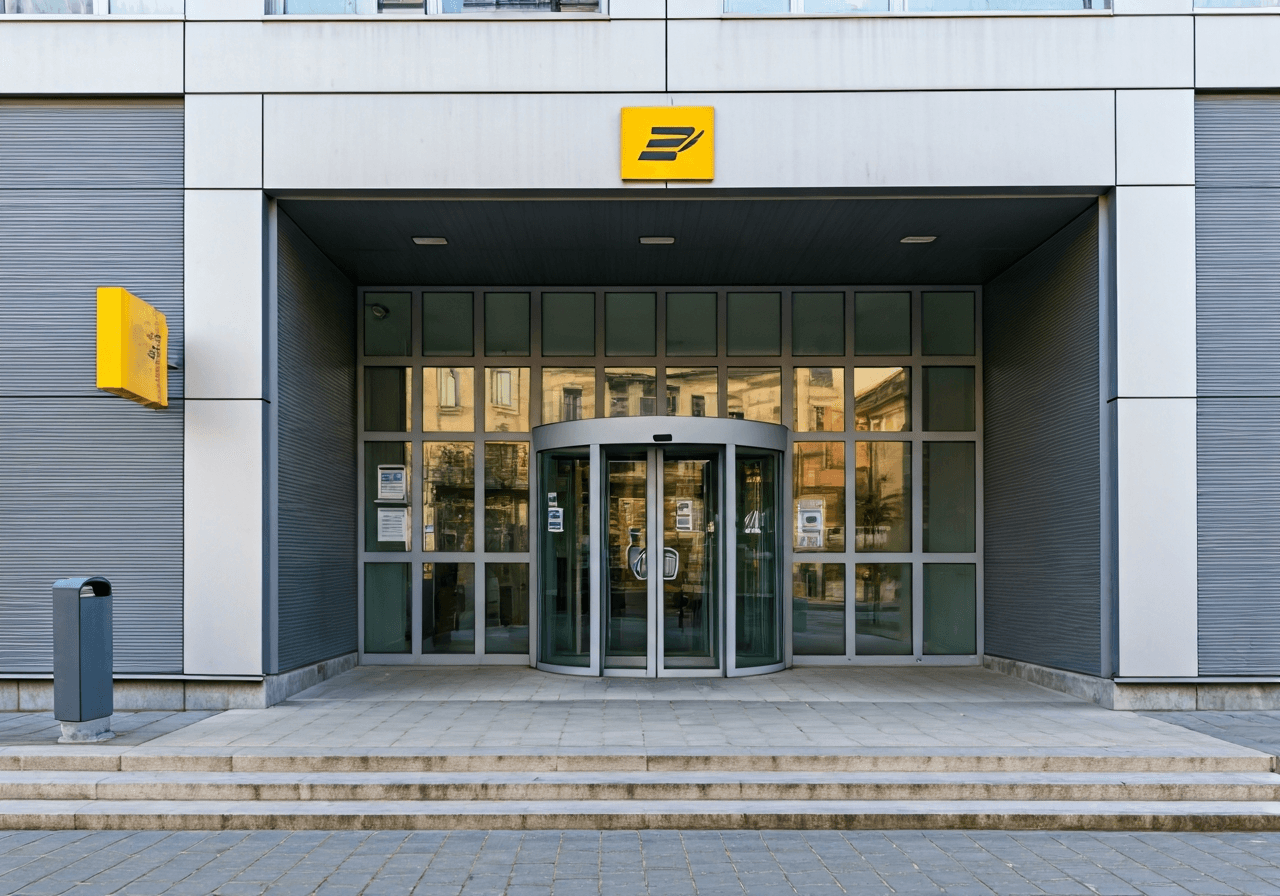 Pošta Kolaříkova: Funguje spolehlivě? (Velké srovnání) 1 A professional exterior shot of a modern post office building entrance, clean urban street setting in Brno-Řečkovice, bright daylight, editorial photography style, 85mm lens, high quality, no text, no letters.