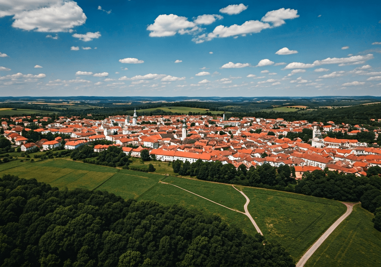 Aerial view of the historical town of Ivancice in the South Moravian region, surrounded by lush green landscapes, bright clear day, premium editorial photography, soft natural light, 85mm lens, no text, no letters