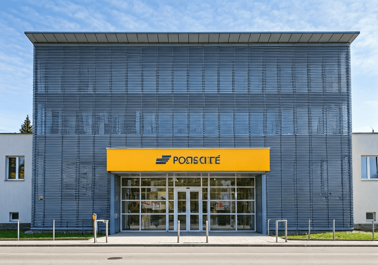 A professional, clean front view of a modern Czech post office facade in Ivančice, soft natural daylight, architectural photography, 85mm lens, high quality, no text, no words, no letters