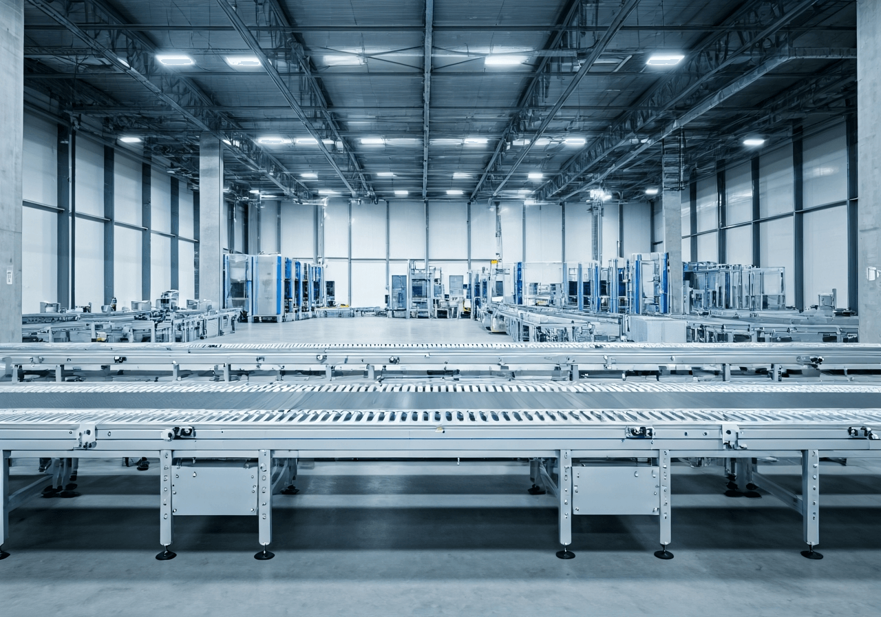 A professional logistics warehouse interior with automated conveyor belts, modern scanning equipment, clean industrial aesthetic, premium editorial photography, soft natural light, 85mm lens, no text, no words, no letters