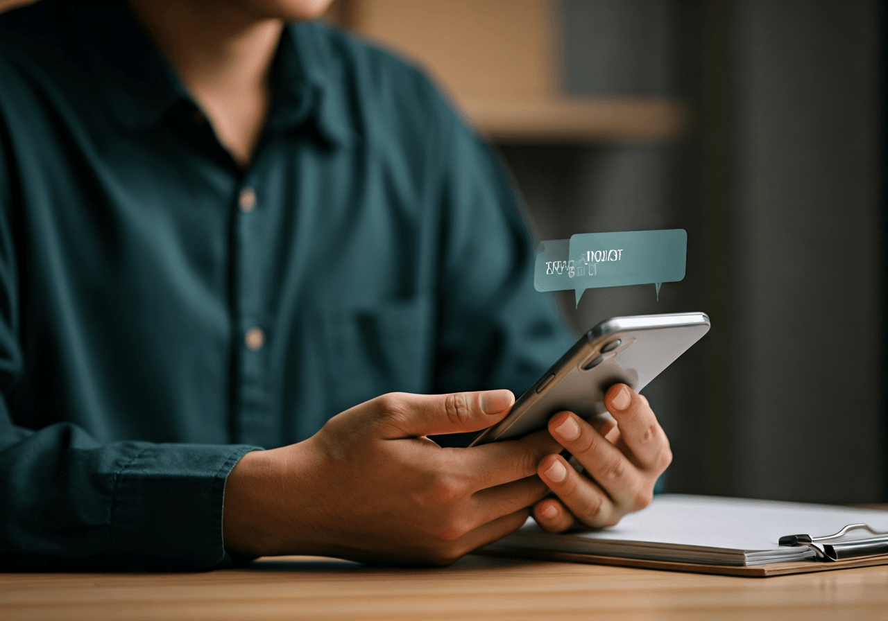 A professional person using a smartphone to track a delivery with a clear digital interface, modern minimalist workspace, soft natural light, editorial photography, 85mm lens, highly detailed, no text, no letters