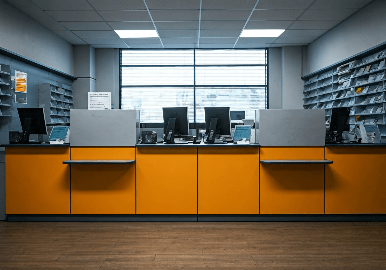 A professional, modern post office interior, bright and organized postal counter, clean aesthetic, soft natural daylight entering through large windows, 85mm lens, depth of field, premium editorial style, no text, no words, no letters