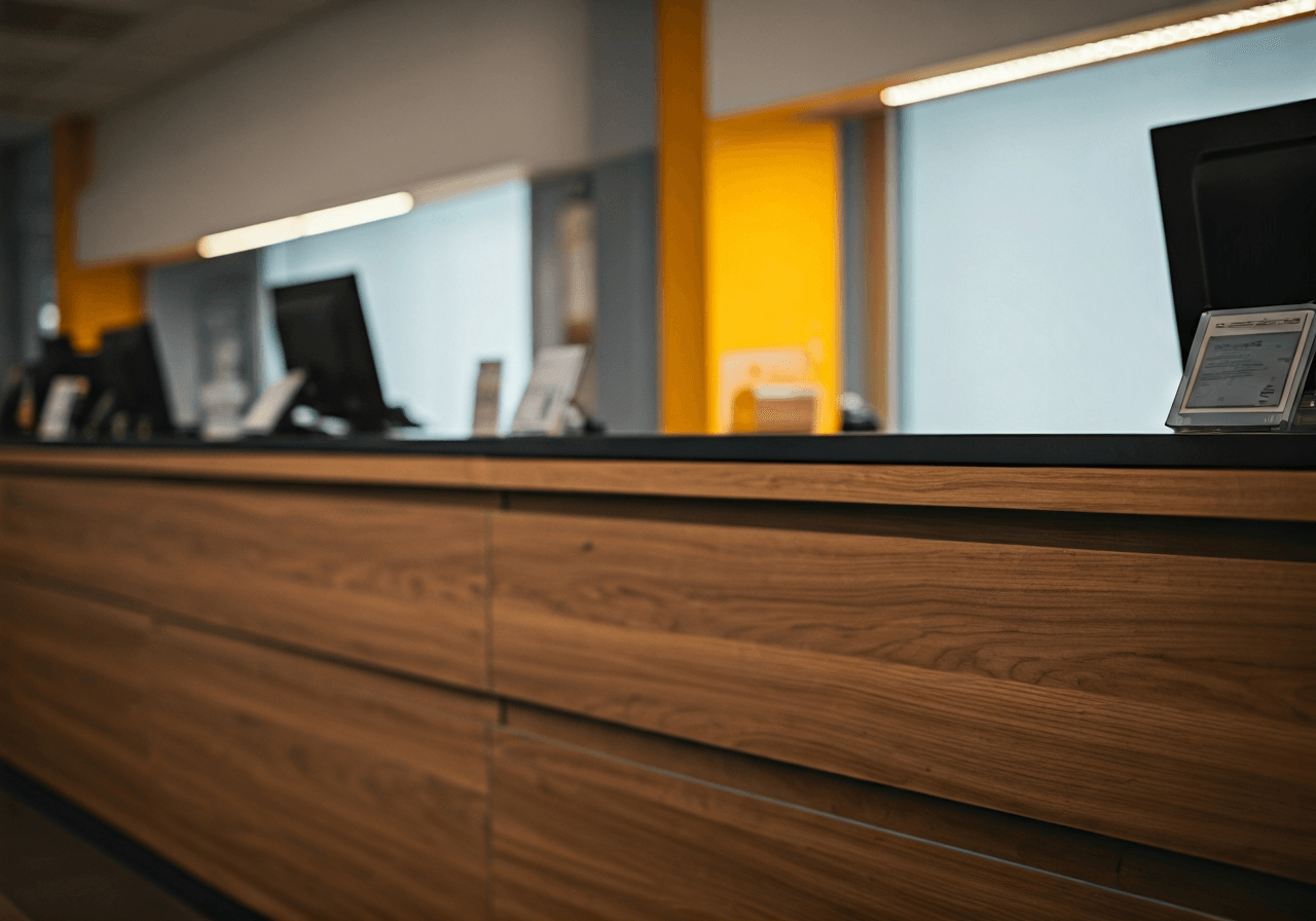 A professional, organized postal service counter with clean minimalist aesthetics, modern interior, bright natural daylight, shot on 85mm lens, depth of field, premium editorial look, no text, no words, no letters