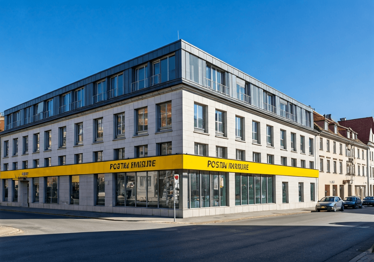 Modern building facade of a postal branch in a small European town center, bright daylight, architecture photography, clean street view, soft shadows, 85mm lens, high resolution, no text, no words, no letters
