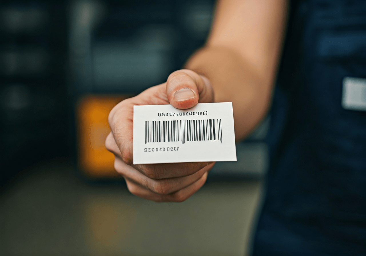 Editorial photography, a professional logistics specialist in a clean uniform holding a modern paper receipt with a barcode, bright post office interior, soft natural light, 85mm lens, high detail, premium aesthetic, no text, no letters