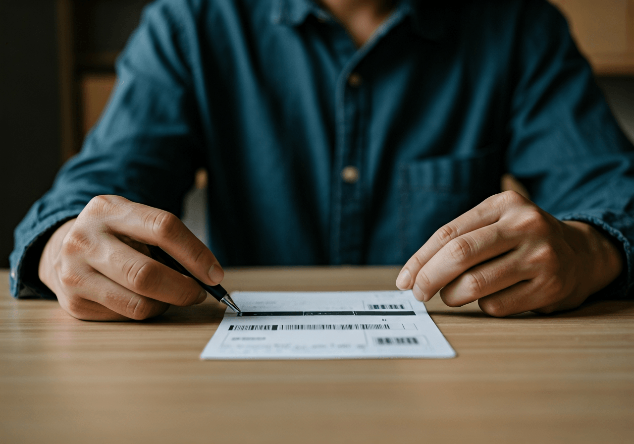 A professional logistics worker hand-filling a standardized shipping label at a clean, modern wooden desk, close-up shot, soft natural light, 85mm lens, depth of field, premium editorial style, no text, no words, no letters.
