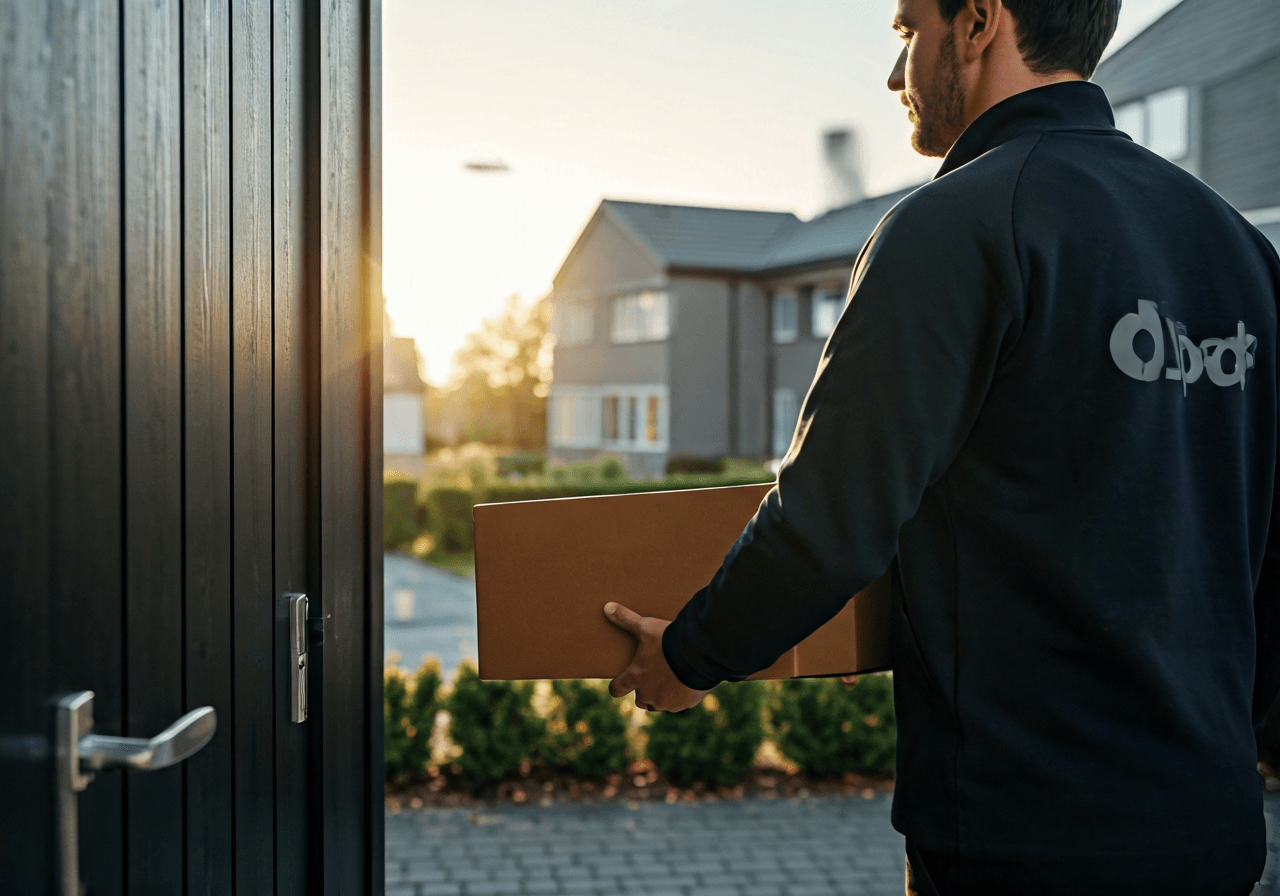 A professional DPD courier delivering a neatly packed cardboard box to a doorstep, modern clean residential setting, editorial photography, natural morning light, 85mm lens, high quality, no text, no words, no letters.