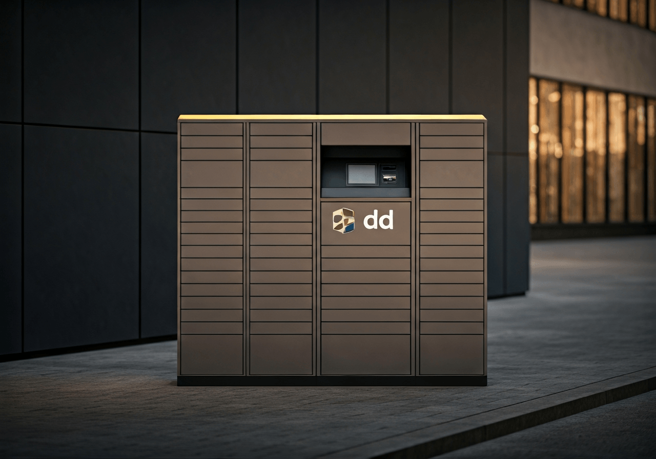 Editorial photography, a modern DPD parcel locker station in a clean urban street environment, soft natural morning light, depth of field, premium look, 85mm lens, no text, no words, no letters