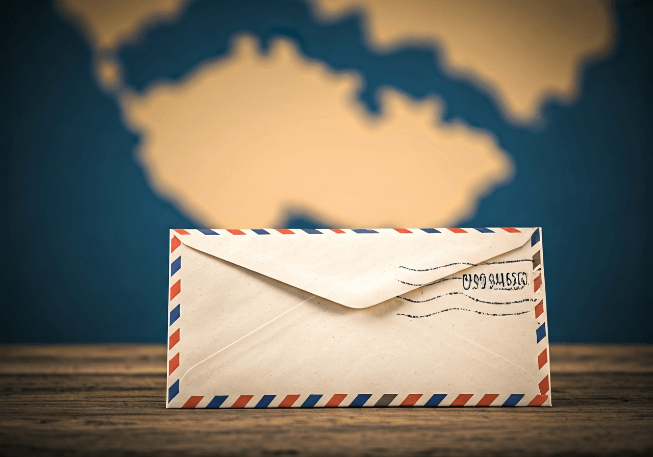 A detailed close-up of a modern postal envelope with a handwritten zip code, resting on a clean wooden desk, blurred background of a map of the Czech Republic, soft natural light, editorial photography style, 85mm lens, no text, no letters.