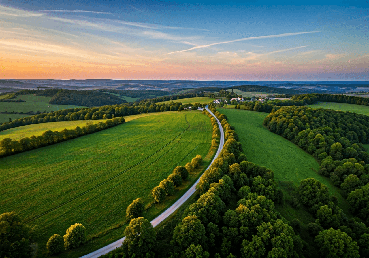 Aerial view of a serene Moravian landscape in Zlín region, lush green hills and a small charming village, soft natural morning light, cinematic editorial photography, 85mm lens, high quality, no text, no words, no letters
