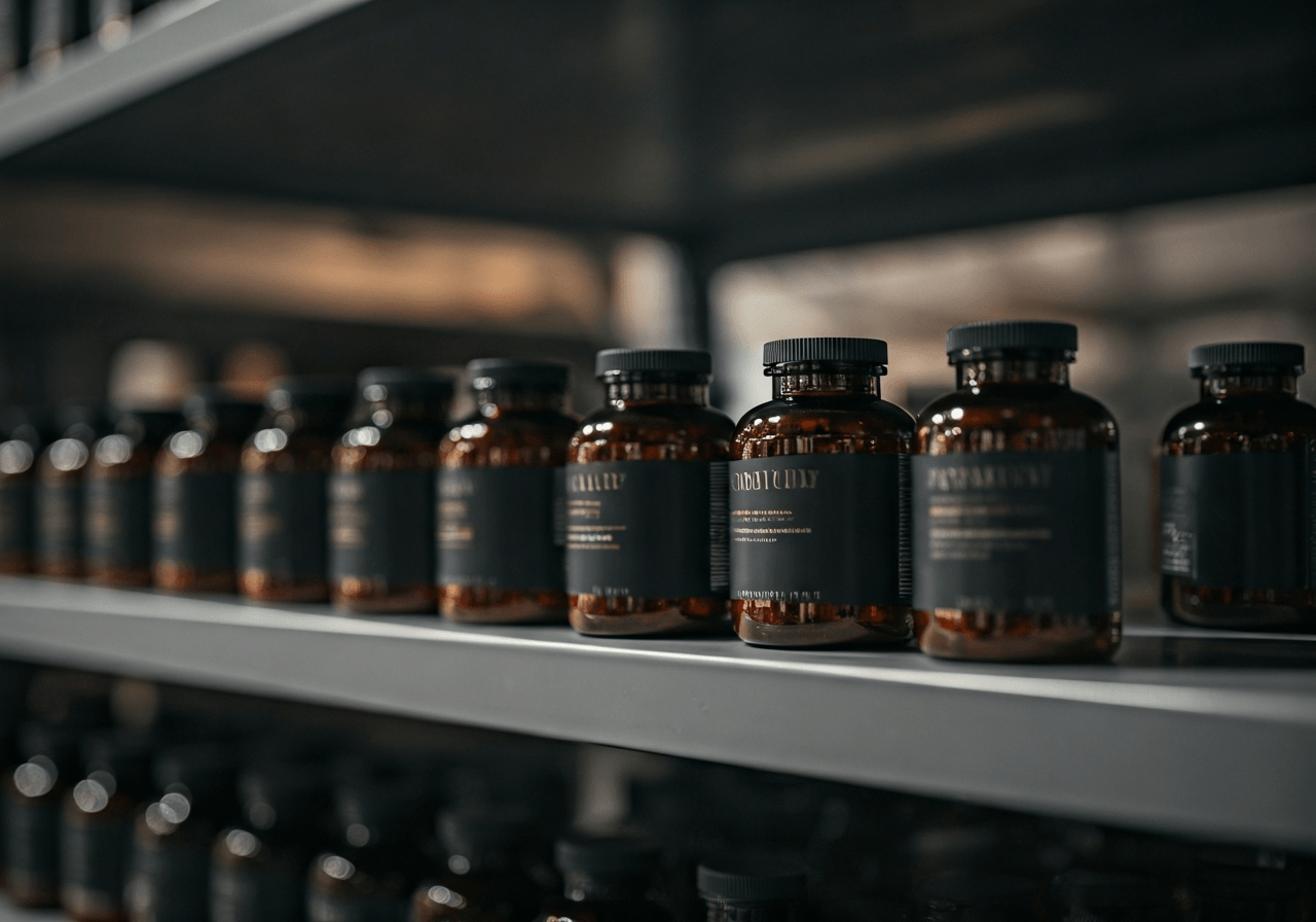 A sterile, modern distribution warehouse shelf filled with premium glass-bottled nutritional supplements, shallow depth of field, soft natural light, editorial photography style, 85mm lens, high quality, no text, no words, no letters