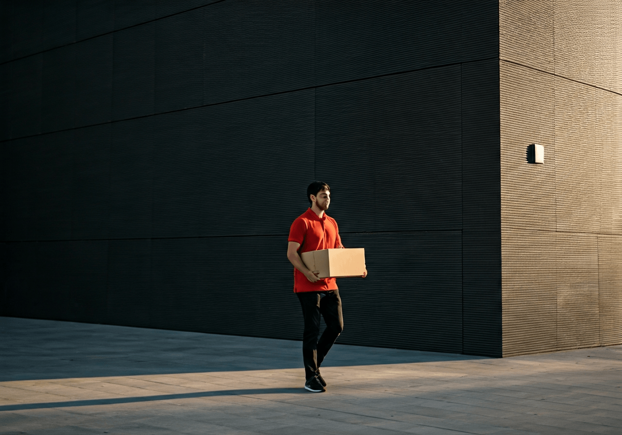 A professional courier delivering a package to a client in a modern urban setting, clean architectural background, soft morning sunlight, editorial style photography, 85mm lens, high resolution, professional aesthetic, no text, no letters