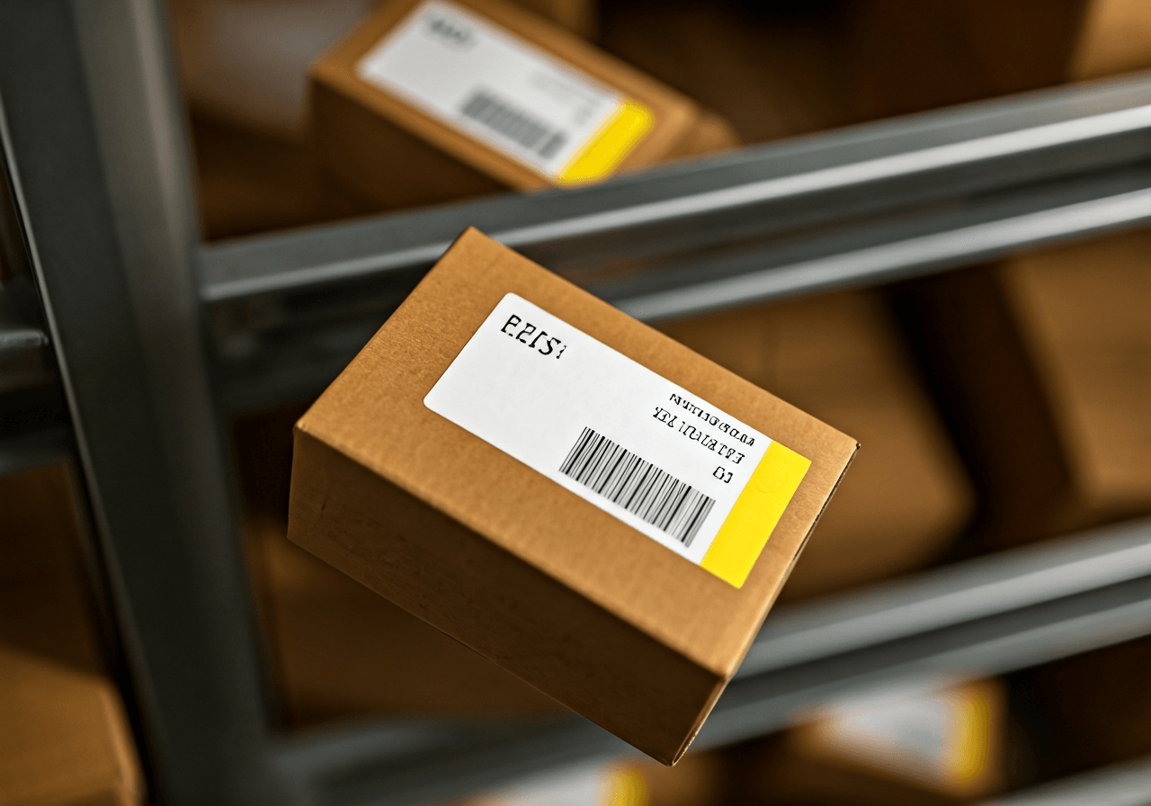 A close-up, high-angle shot of a modern, organized parcel delivery system in a logistics center, focus on a neatly printed shipping label with a highlighted post code, clean industrial aesthetic, soft natural light, 85mm lens, depth of field, no text, no letters
