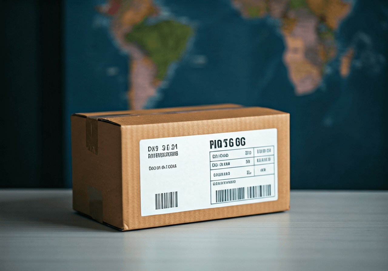 A professional shipping parcel resting on a clean, modern desk next to a global map, focus on the label with international formatting, high-end editorial aesthetic, soft natural daylight, 85mm lens, depth of field, no text, no words, no letters.