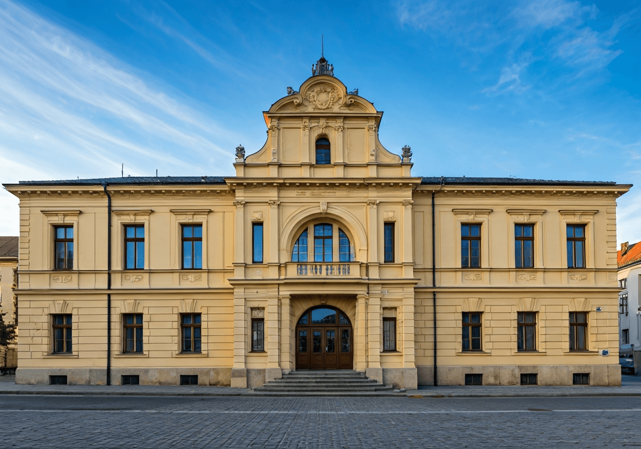 A professional editorial photograph of the exterior of a historic Czech post office building in Valtice, soft natural light, architectural focus, 85mm lens, high resolution, clean environment, no text, no words, no letters