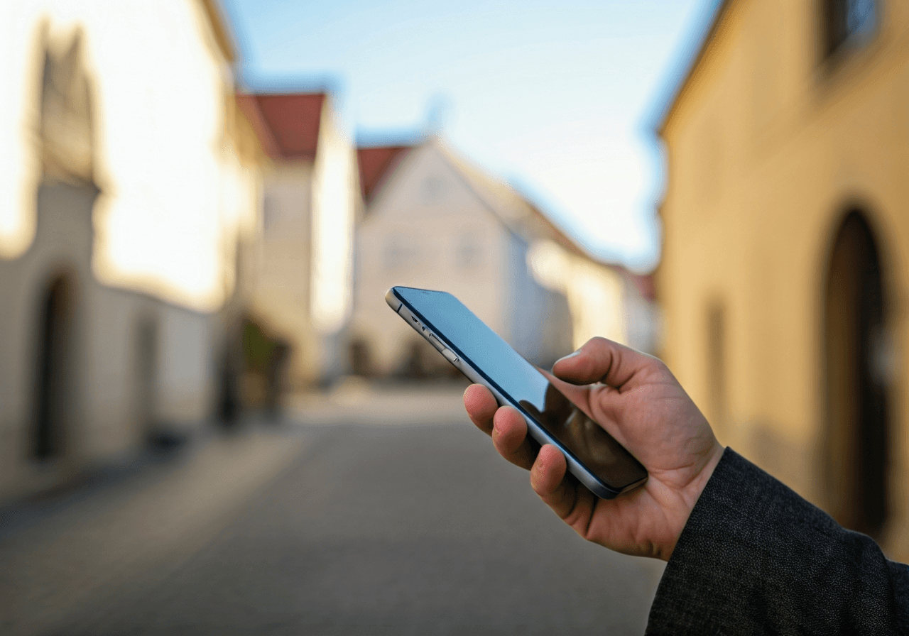 A close-up, high-quality shot of a person's hand checking opening hours on a modern smartphone, blurred historical street background of Valtice, soft natural light, editorial photography style, 85mm lens, no text, no words, no letters
