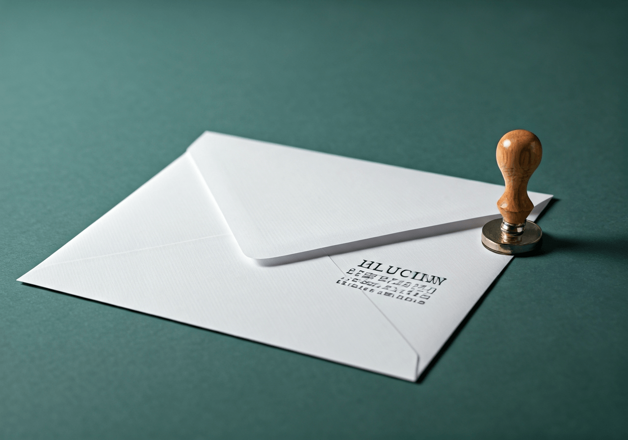 A professional, modern envelope addressed to Hlucin with a neat postal stamp, minimalist office desk background, editorial photography, soft natural light, 85mm lens, highly detailed, no text, no words, no letters