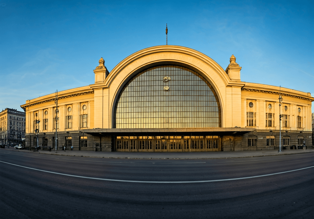 Sofia vlakové nádraží: Úschovna zavazadel (Krok za krokem) 2 A modern, wide-angle editorial shot of the Sofia Central Station facade during the golden hour, architectural photography, sleek lines, clean urban environment, soft natural light, 85mm lens, highly detailed, no text, no words, no letters