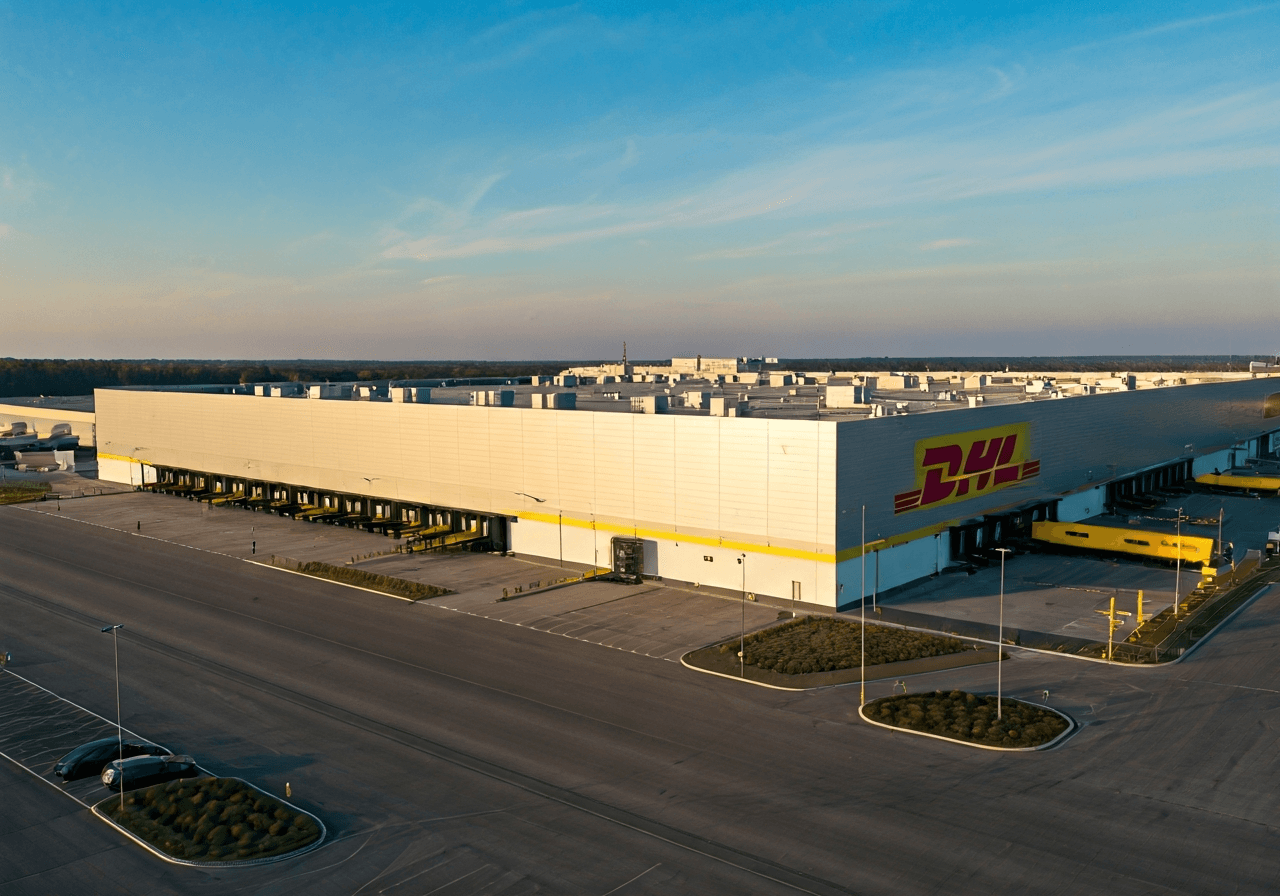 Aerial view of a modern logistics facility near a runway, sleek DHL branding on a warehouse building, early morning soft natural light, professional editorial architectural photography, 85mm lens, no text, no words, no letters