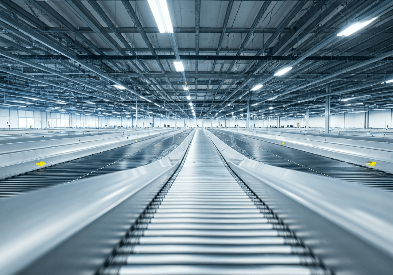 A modern, high-tech logistics sorting center in Brno with automated conveyor belts, minimalist and clean industrial aesthetic, soft natural daylight entering through high windows, 85mm lens, high resolution, no text, no letters