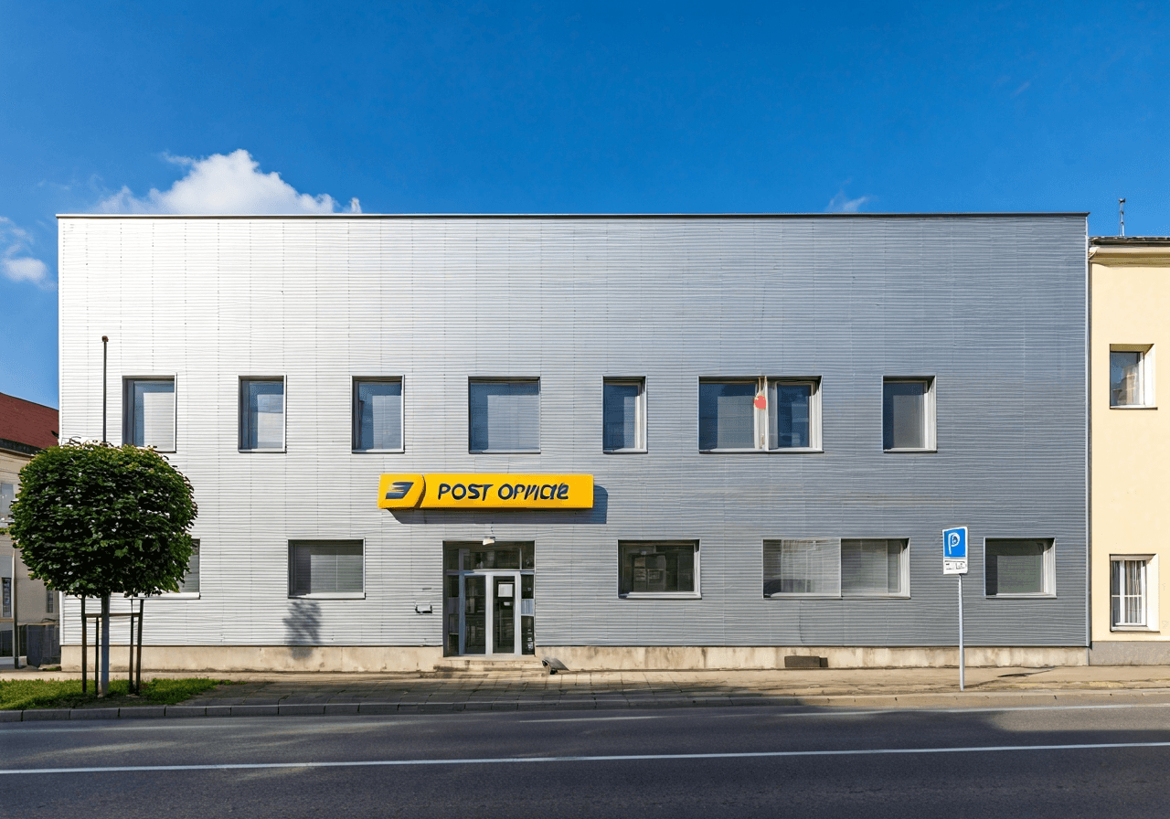 Editorial photography, the exterior facade of a professional modern post office building in a Czech town, clean architecture, soft natural daylight, 85mm lens, high quality, no text, no letters